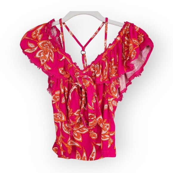 Free People bohemian pink orange floral Cha Cha Cha Cold Shoulder Top Small - Picture 3 of 11